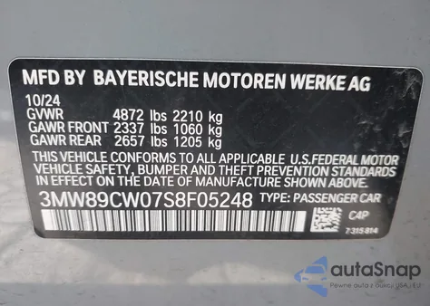 2025 BMW 330I xDrive z USA, uszkodzony, nr VIN 3MW89CW07S8F05248